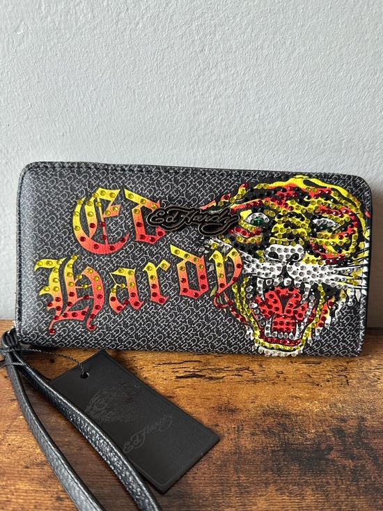 Ed Hardy Handbags - Ed Hardy Black Zip Around Long Wallet with Rhinestone Tiger & Logo NWT